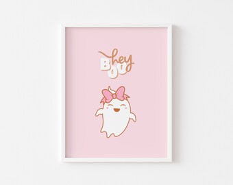 Hey Boo Cute Ghost Art | Pink Halloween Decor | Kids Halloween Wall Decor | Halloween Nursery Prints | Girls Room Decor Printable Wall Art