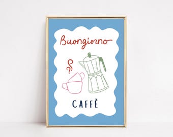 Colorful Coffee Print | Italian Buongiorno Printable Wall Art, Cute Retro Kitchen Decor, Hand-Drawn Cafe Coffee Bar Poster, Foodie Gift