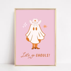 Cowgirl Ghost Print | Cute Halloween Printable Wall Art, Pink Halloween Decor, Dorm Room Poster, Let&#39;s Go Ghouls Cowboy Digital Artwork