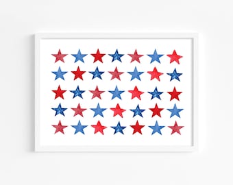 Rode, witte en blauwe sterrenprint | 4 juli kunst aan de muur | 4 juli Decor | Patriottisch decor | Vierde juli afdrukbare kunst | Patriottische afdrukbare