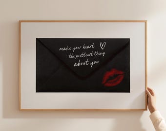 Heart Prettiest Thing Self Love Wall Art | Fashion Envelope, Retro Aesthetic Room Decor, Girly Printable Black Wall Art, Affirmation Print