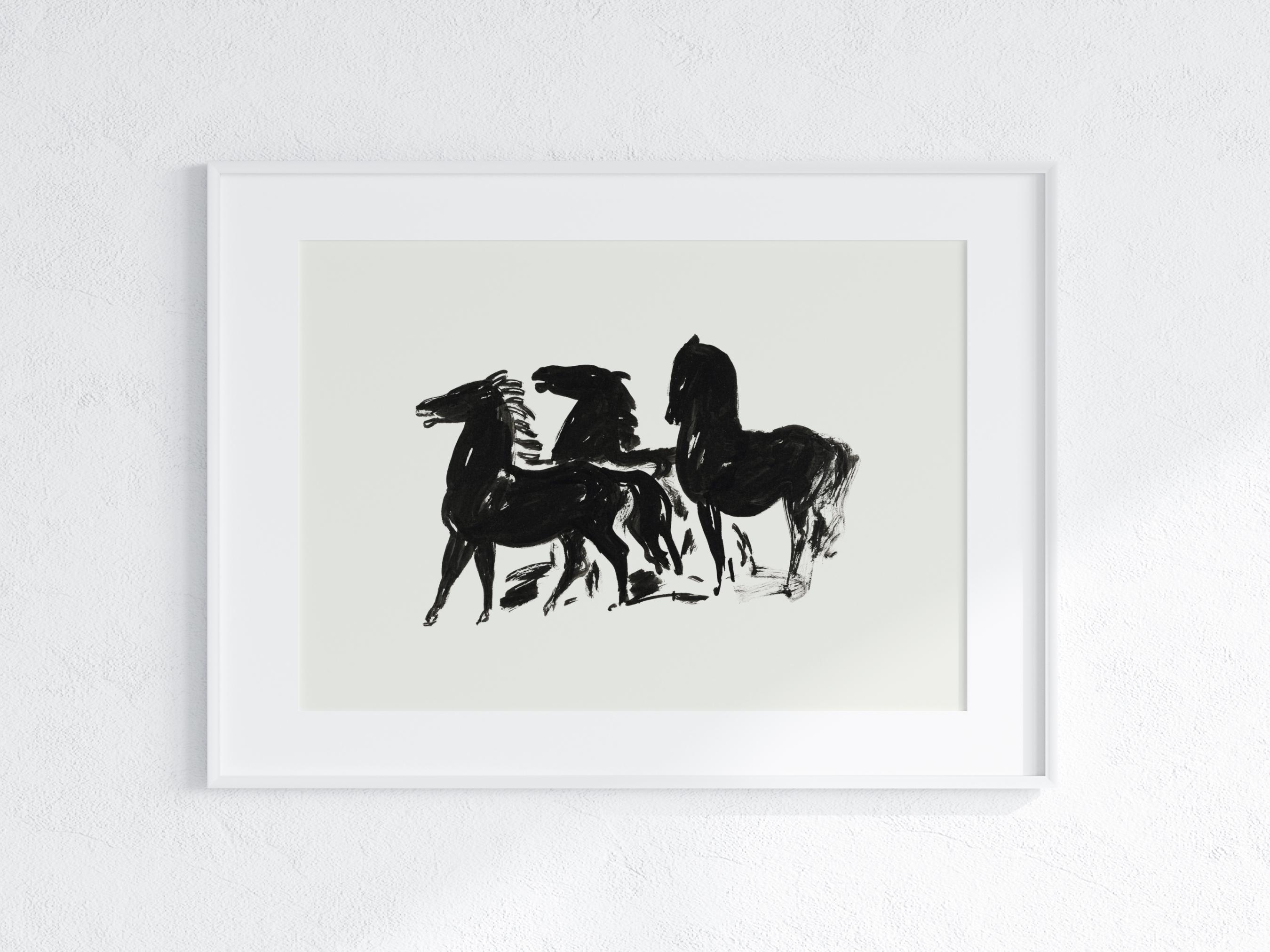 ヴィンテージ馬アート | 黒と白の馬の抽象画 | 西洋アート | 素朴な