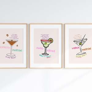 Juego de 3 impresiones de cócteles retro / Paquete de decoración de carrito de bar / Póster de cócteles / Arte colorido de carrito de bar / Impresión de arte de margarita picante y martini espresso