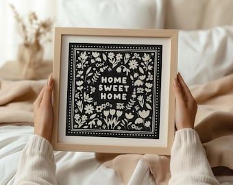 Home Sweet Home Print | Black Printable Square Wall Art, Vintage Aesthetic, Living Room & Bedroom Art, Housewarming Gift Digital Download