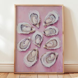 Dipinto di ostriche rosa / Decorazione da parete estiva stampabile per la cucina / Decorazione alla moda per la casa sulla spiaggia / Download digitale di stampe di frutti di mare con civetta costiera