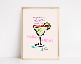 Spicy Margarita Print | Bar Cart Decor | Trendy Wall Art Digital Download | Retro Cocktail Poster | Colorful Wall Art | Fun Bar Cart Art