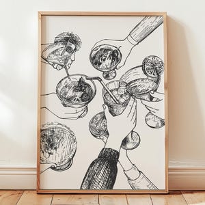 Zwart-witte cheersprint | Trendy barwagendecor, afdrukbare keukenmuurkunst, retro vintage esthetiek, cocktailschets digitale download
