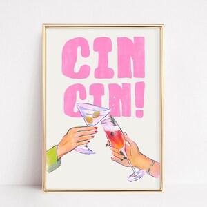 Retro Cin Cin Cheers Print | Vintage Bar Cart Decor | Girly Pink Martini Cocktail Wall Art | Alcohol Poster | Bar Cart Art Drinks Printable