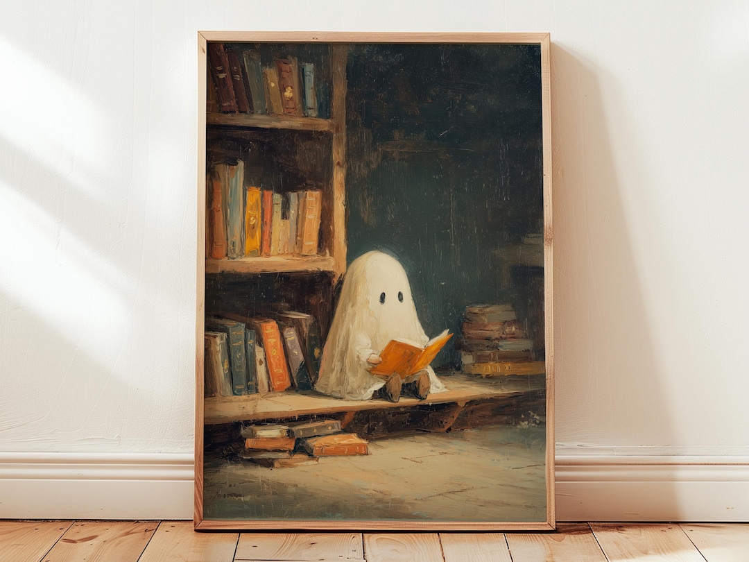 Cute Ghost Reading Print | Printable Wall Art, Trendy Halloween Decor ...