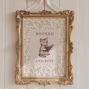 Booked and Busy Print | Bookish Muted Pink Printable Wall Art, Book Lover Gift, Vintage Cat Art, Girls Room Reading Poster Digital Download
