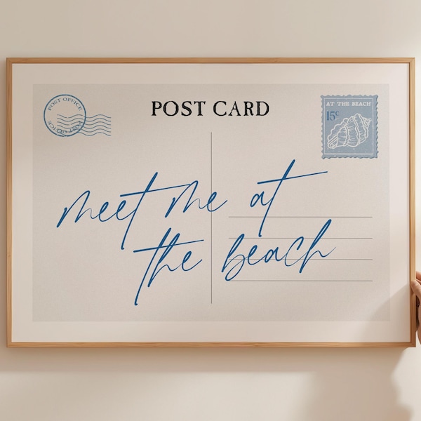 Meet Me at the Beach Vintage Post Card Print | Light Blue Printable Wall Art | Trendy Summer Coastal Granddaughter Decor | Digital Download