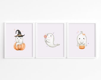 Cute Ghost Print Set of 3 | Purple Orange Halloween Decor | Kids Halloween Wall Art | Halloween Nursery Prints | Watercolor Halloween Prints