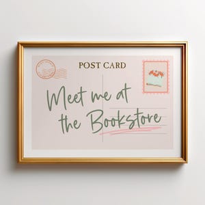 Carte postale « Rencontrez-moi à la librairie » | Art mural horizontal imprimable, affiche livresque esthétique vintage, cadeau pour les amoureux des livres en téléchargement numérique