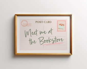 Meet Me at the Bookstore Post Card Print | Printable Horizontal Wall Art, Vintage Aesthetic Bookish Poster, Book Lover Gift Digital Download