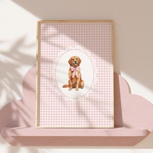 Watercolor Red Golden Retriever Print | Cottagecore Pink Nursery Art, Vintage Dog Art, Pet Portrait, Printable Wall Art for Girls Room Decor