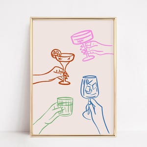 Kolorowy nadruk Cheers | Dekoracja wózka barowego Mid Century Modern | Sztuka ścienna koktajlowa | Plakat z alkoholem | Zabawna dekoracja kuchni Sztuka wózka barowego do wydrukowania