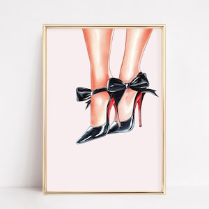 Aquarel print hoge hakken | Luxe modemuurkunst schoenenliefhebber | Louboutin zwarte hoge hak muurkunst | Chique girly muurkunst digitale download