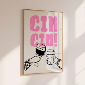 Roze en zwarte Cin Cin Cheers-print | Girly barwagendecor | Wijn- en cocktailkunst aan de muur | Funky alcoholposter | Afdrukbare handgetekende staafkunst
