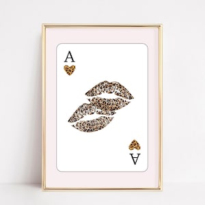 Leopard Print Playing Card Wall Art | Trendy Wall Art Ace of Hearts Print | Kiss Lip Leopard Fashion Print | Girly Wall Art Digital Download