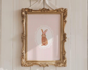Vintage Bunny Nursery Print | Pink Bunny Wall Decor | Cottagecore Nursery Decor | Baby Bunny Print | Gingham Rabbit Art Digital Download