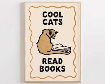 Cool Cats Read Books Print | Bookish Printable Wall Art, Book Lover Gift, Vintage Reading Poster, Trendy Retro Library Art Digital Download