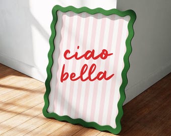 Ciao Bella Striped Typography Print | Cute Italian Coastal Decor | Retro Summer Poster | Girly Pink Printable Wall Art Digital Download
