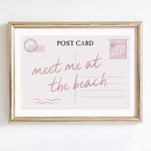 Carte postale rencontrez-moi à la plage | Art mural horizontal imprimable | Décoration côtière estivale rose pâle | Téléchargement numérique esthétique vintage
