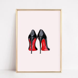 Aquarel print hoge hakken | Luxe designer modemuurkunst schoenenliefhebber | Zwarte stiletto rode zoolkunst | Digitale download voor Girly-muurkunst