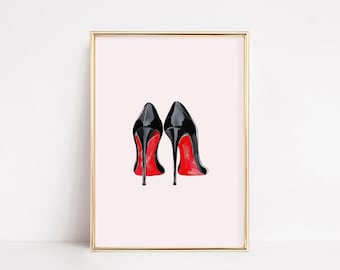 Watercolor High Heels Print | Shoe Lover Luxury Designer Fashion Wall Art | Black Stiletto Red Sole Art | Girly Wall Art Digital Download