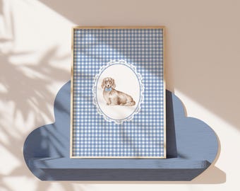 Akvarell tax barnrumskonst | Blå pojkrumsinredning, vintage hundkonst, gingham doxie husdjursporträttmålning, utskrivbar väggkonst