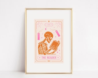 The Reader Tarot Card Print: Bookish Halloween Skeleton Art (Digital Download)