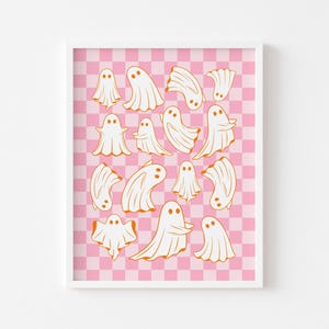 Retro Halloween Print | Cute Ghost Print | Orange Pink Halloween Decor | Cute Halloween Wall Art | Dorm Room Decor | Trendy Halloween Poster
