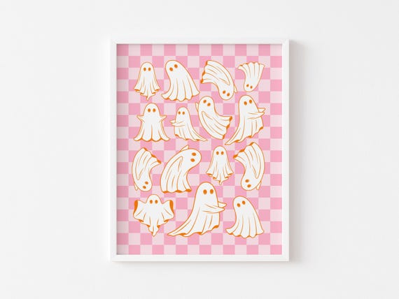 Retro Halloween Print | Cute Ghost Print | Orange Pink Halloween Decor | Cute Halloween Wall Art | Dorm Room Decor | Trendy Halloween Poster