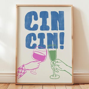 Cin Cin Wine Cheersプリント | カラフルなプリント可能なウォールアート、ミッドセンチュリーモダンバーカートの装飾、アルコールカクテルポスター、かわいいレトロなキッチン装飾