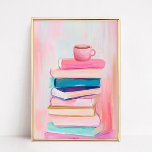 Pastel Book Painting | Pink Bookish Print | Colorful Wall Art Library Decor | Book Lover Gift | Trendy Reading Nook Art Digital Download