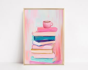 Pastel Book Painting | Pink Bookish Print | Colorful Wall Art Library Decor | Book Lover Gift | Trendy Reading Nook Art Digital Download