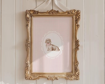 Akvarell tax barnrumskonst | Rosa barnrumsdekor i bondgård | Flickrumsdekor Vintage hundkonst | Gingham hundmålning utskrivbar väggkonst