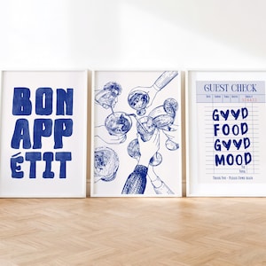 Marineblauwe keukenprintset | Afdrukbare muurkunst, trendy decor barwagen, poster cheers cocktail, gastcheque typografie print, smakelijk!