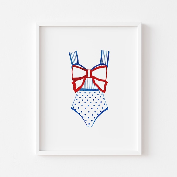 Retro Bathing Suit Print | Watercolor Coastal Wall Art | 4th of July Decor | Fourth of July Printable Art | Red White & Blue Summer Wall Art