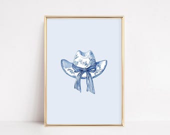 Coastal cowgirl-print | Aquarel cowgirl-hoed print | Trendy westelijke muurkunst | Chinoiserie-muurkunst | Coquette Room Decor Digitale download