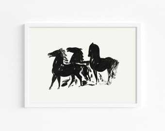 Vintage Horse Art | Black and White Horse Abstract Painting | Western Art | Rustic Farmhouse Decor | Equestrian Wall Art Digital Download