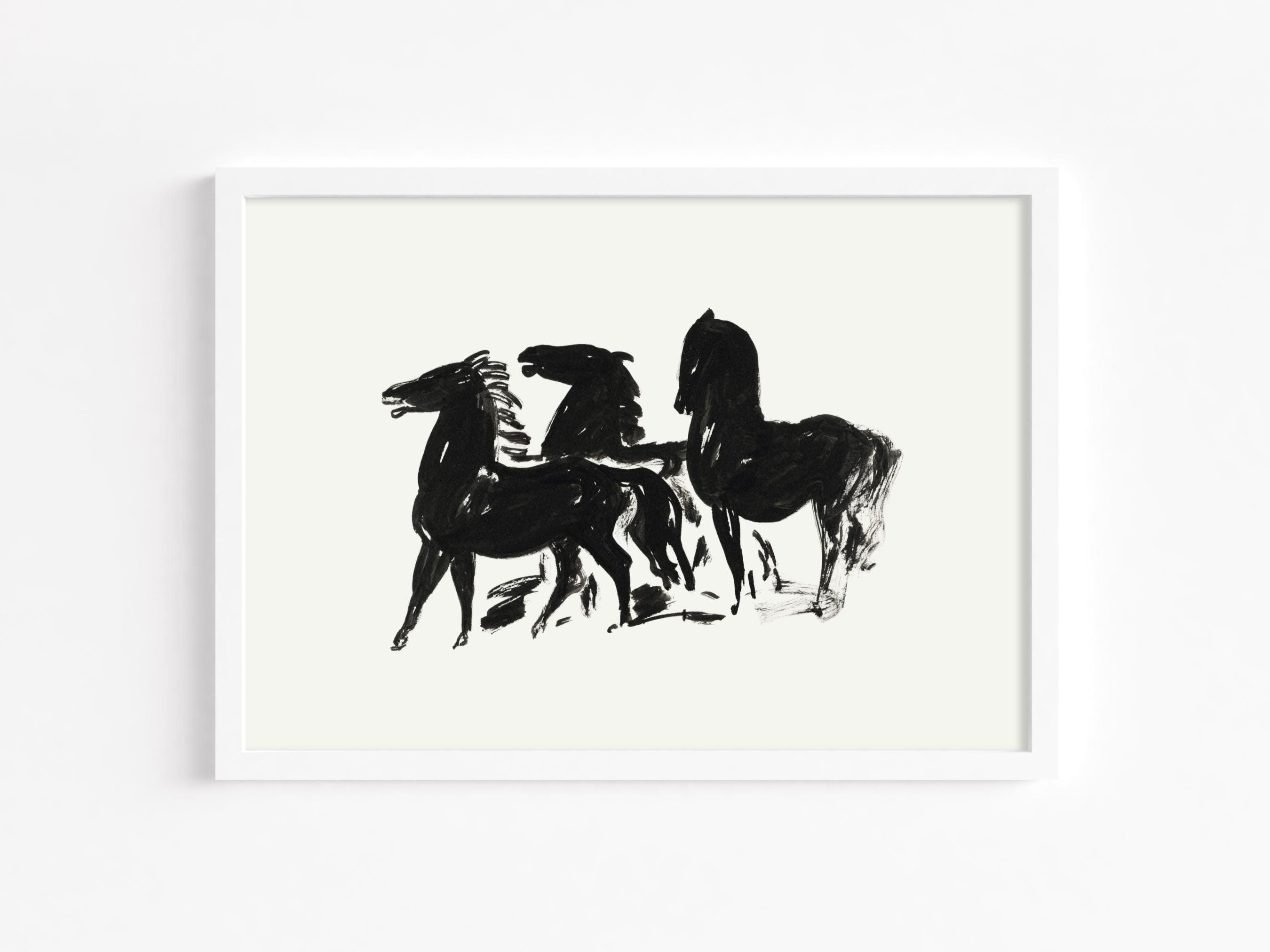 ヴィンテージ馬アート | 黒と白の馬の抽象画 | 西洋アート | 素朴な