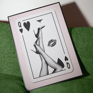 Retro Bar Cart Art Queen of Hearts Playing Card Print | Espresso Martini Poster Vintage Bar Cart Decor | Black and White Lucky Girl Wall Art