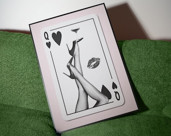 Arte de carrinho de bar retrô Rainha de Copas Carta de baralho Impressão | Pôster de Martini expresso Decoração de carrinho de bar vintage | Arte de parede de Lucky Girl em preto e branco