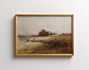 Puede incluir: Pintura de paisaje enmarcada en un marco dorado. La obra representa una escena rural con una valla de madera, campos, árboles y un edificio a lo lejos. La paleta de colores está dominada por tonos tierra.