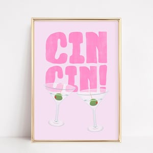 Impresión de martini sucio rosa / Póster de Cin Cin Cheers / Arte de cóctel retro / Decoración de carrito de bar con arte de pared imprimible / Póster de cóctel moderno digital