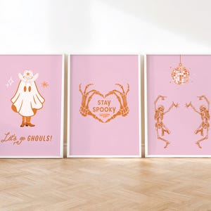 Cute Halloween Print Set | Printable Gallery Wall Art, Pink Halloween Decor, Girly Dorm Room Posters, Dancing Skeletons, Cowgirl Ghost Art