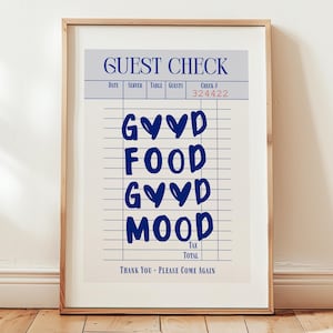 Good Food Good Mood-afdruk | Gastcheque typografie afdrukbare muurkunst, marineblauw keukendecor, foodie-eetkamerposter, digitale download