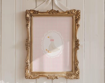Cute Goose Nursery Print | Silly Goose Art | Cottagecore Nursery Decor | Coquette Bow Duck Print | Gingham Pink Girls Room Digital Download
