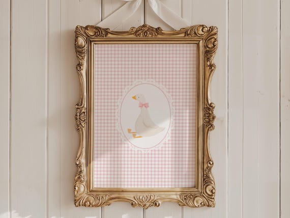 Cute Goose Nursery Print | Silly Goose Art | Cottagecore Nursery Decor | Coquette Bow Duck Print | Gingham Pink Girls Room Digital Download